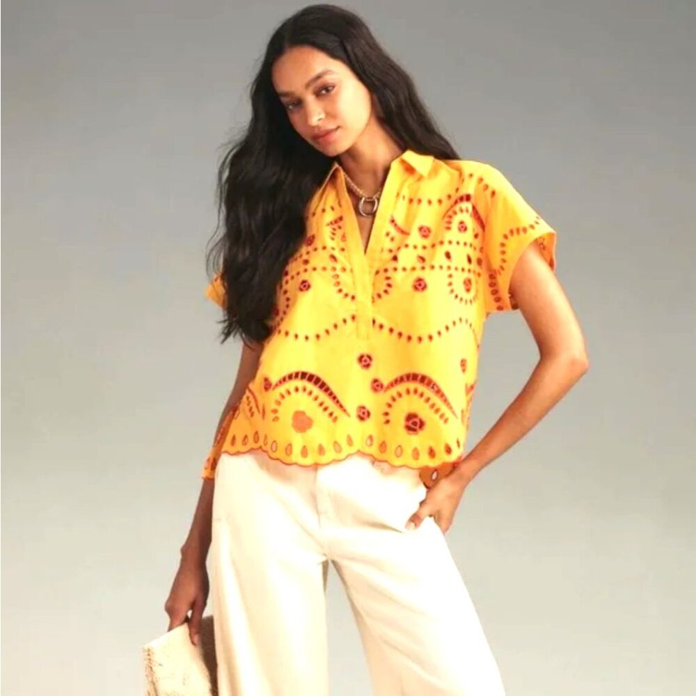 EUC Maeve Short-Sleeve Boxy Eyelet Popover Blouse Orange Motif Medium